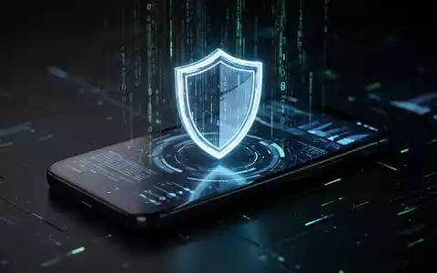 Ein stilisiertes, leuchtendes Schildsymbol auf einem Smartphone-Bildschirm, der Datenströme und Binärcode anzeigt, symbolisiert Datenschutz. - Foto: über boerse-global.de