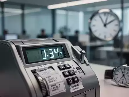 Nahaufnahme einer digitalen Zeiterfassungsuhr oder einer Stechuhr in einem modernen Büroumfeld, die Präzision und Verantwortlichkeit symbolisiert. - Foto: über boerse-global.de