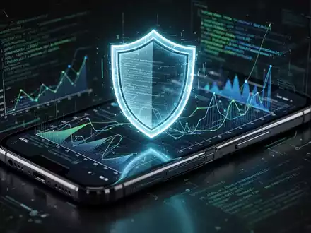 Ein stilisiertes, leuchtendes digitales Schild über einem Smartphone, das eine Cybersicherheits-Schnittstelle mit Graphen und Code anzeigt. - Foto: über boerse-global.de