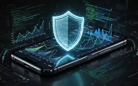 Ein stilisiertes, leuchtendes digitales Schild über einem Smartphone, das eine Cybersicherheits-Schnittstelle mit Graphen und Code anzeigt. - Foto: über boerse-global.de
