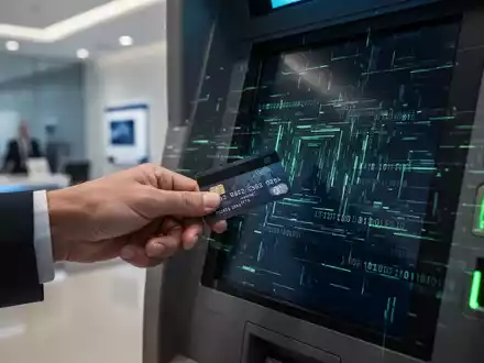 A hand tries to use a credit card at a glitching ATM with digital code on the screen, symbolizing a cyberattack. - Foto: über boerse-global.de