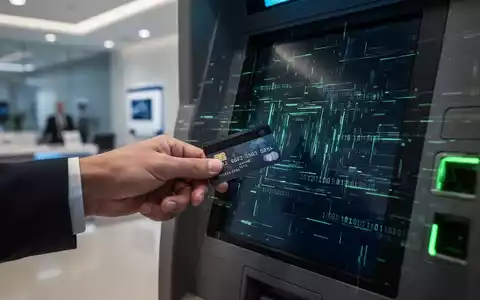 A hand tries to use a credit card at a glitching ATM with digital code on the screen, symbolizing a cyberattack. - Foto: über boerse-global.de