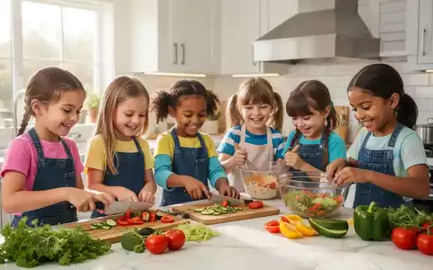 Glückliche Kinder bereiten in einer hellen Küche gesunde Mahlzeiten zu, um die Bedeutung von Ernährung und Gemeinschaft zu unterstreichen. - Foto: über boerse-global.de