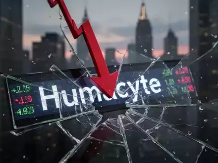 Ein roter Abwärtspfeil durchbohrt einen zerbrochenen Börsenticker mit der Aufschrift 'Humacyte' vor einer düsteren Finanzkulisse. - Foto: über boerse-global.de