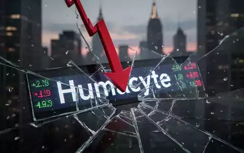 Ein roter Abwärtspfeil durchbohrt einen zerbrochenen Börsenticker mit der Aufschrift 'Humacyte' vor einer düsteren Finanzkulisse. - Foto: über boerse-global.de