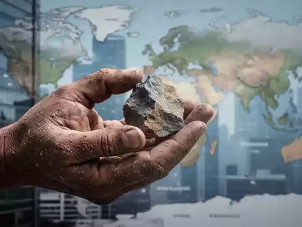 Eine verwitterte Hand hält ein rohes Mineral, im Hintergrund verschwommen ein Bürogebäude oder eine Weltkarte, symbolisiert Konzernverantwortung. - Foto: über boerse-global.de