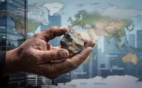 Eine verwitterte Hand hält ein rohes Mineral, im Hintergrund verschwommen ein Bürogebäude oder eine Weltkarte, symbolisiert Konzernverantwortung. - Foto: über boerse-global.de