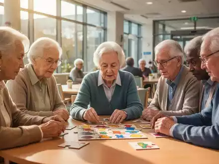 Senioren nehmen an einem kognitiven Training teil, bei dem sie sich auf ein Memory-Spiel konzentrieren, in einem hellen Gemeinschaftsraum. - Foto: über boerse-global.de