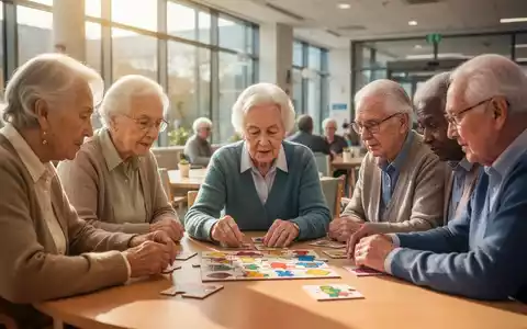 Senioren nehmen an einem kognitiven Training teil, bei dem sie sich auf ein Memory-Spiel konzentrieren, in einem hellen Gemeinschaftsraum. - Foto: über boerse-global.de