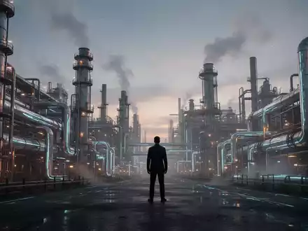 Eine weitläufige deutsche Industrieanlage bei Dämmerung, mit leuchtenden Rohren und aufsteigendem Dampf, die Herausforderungen und Innovation symbolisiert. - Foto: über boerse-global.de