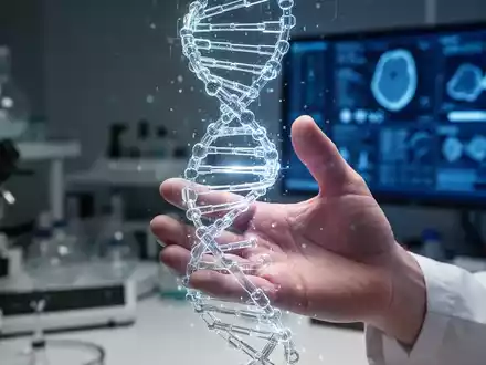 Eine Nahaufnahme einer Hand, die eine leuchtende DNA-Helix hält, mit verschwommenen wissenschaftlichen Instrumenten im Hintergrund. - Foto: über boerse-global.de