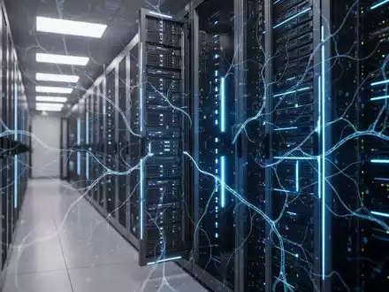 A futuristic server rack in a data center, glowing with blue light, symbolizing high-performance AI computing and benchmarks. - Foto: über boerse-global.de