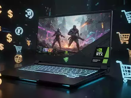 A close-up of a high-performance gaming laptop with an illuminated keyboard and screen, surrounded by digital retail graphics. - Foto: über boerse-global.de