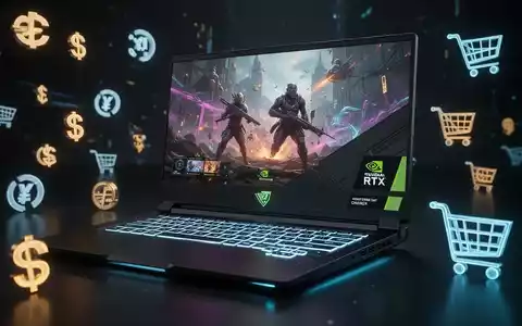 A close-up of a high-performance gaming laptop with an illuminated keyboard and screen, surrounded by digital retail graphics. - Foto: über boerse-global.de