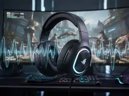 A modern gaming headset with glowing accents, reflecting digital sound waves, against a blurred background of a futuristic gaming setup. - Foto: über boerse-global.de