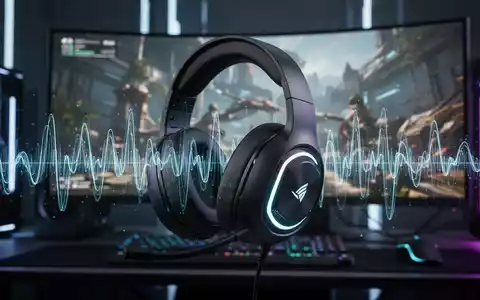 A modern gaming headset with glowing accents, reflecting digital sound waves, against a blurred background of a futuristic gaming setup. - Foto: über boerse-global.de