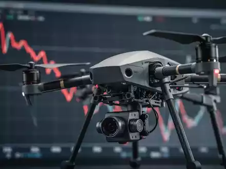 Eine detaillierte Nahaufnahme einer Drohne mit einem unscharfen Hintergrund, der einen finanziellen Verlustchart zeigt. - Foto: über boerse-global.de