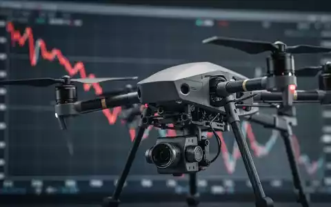 Eine detaillierte Nahaufnahme einer Drohne mit einem unscharfen Hintergrund, der einen finanziellen Verlustchart zeigt. - Foto: über boerse-global.de