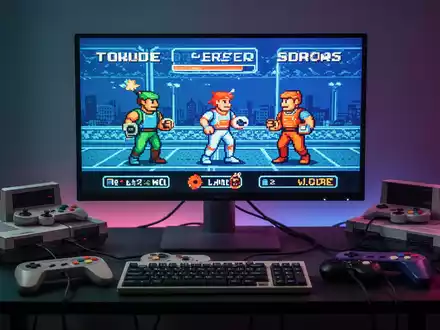 Close-up of a person's hands holding a classic video game controller, with blurred retro pixel art on a screen in the background. - Foto: über boerse-global.de