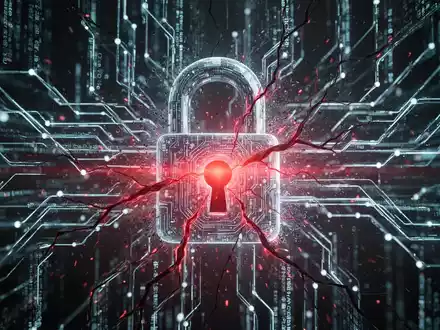 An abstract image showing a digital padlock fragmenting into glowing data streams with red light, symbolizing AI-driven cybersecurity risks. - Foto: über boerse-global.de