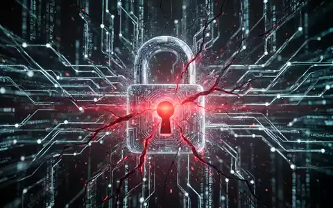 An abstract image showing a digital padlock fragmenting into glowing data streams with red light, symbolizing AI-driven cybersecurity risks. - Foto: über boerse-global.de