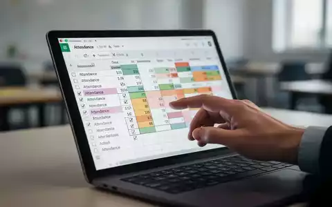 A close-up of a hand interacting with an Excel spreadsheet on a digital device, showing attendance data and formatting. - Foto: über boerse-global.de