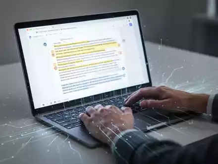 Close-up of hands typing on a laptop keyboard, with a Google Docs interface on the screen, surrounded by subtle digital lines. - Foto: über boerse-global.de
