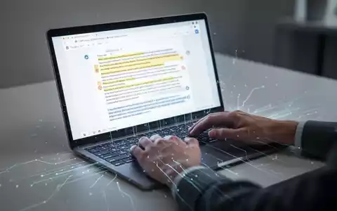 Close-up of hands typing on a laptop keyboard, with a Google Docs interface on the screen, surrounded by subtle digital lines. - Foto: über boerse-global.de