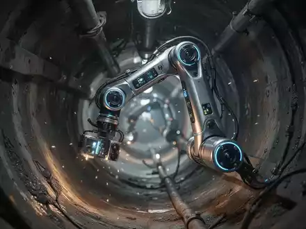 A thin, flexible robotic arm with cameras and sensors moving through a dark, complex industrial pipe, performing inspection. - Foto: über boerse-global.de