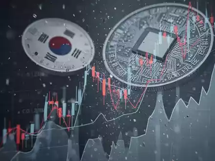 Abstrakte Darstellung fallender Börsenkurse mit Bezug zu südkoreanischen Technologieunternehmen und einem Chip-Design im Hintergrund. - Foto: über boerse-global.de