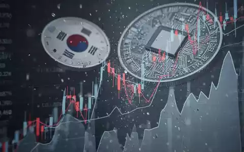 Abstrakte Darstellung fallender Börsenkurse mit Bezug zu südkoreanischen Technologieunternehmen und einem Chip-Design im Hintergrund. - Foto: über boerse-global.de