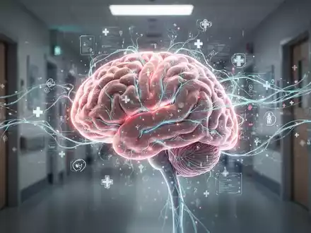 A stylized human brain glowing with neural pathways, intertwined with digital data streams and medical symbols, in a hospital setting. - Foto: über boerse-global.de