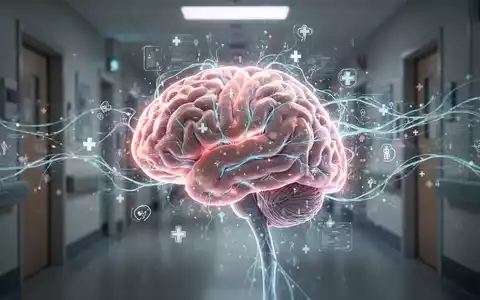 A stylized human brain glowing with neural pathways, intertwined with digital data streams and medical symbols, in a hospital setting. - Foto: über boerse-global.de