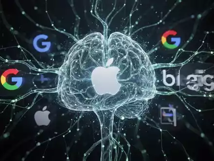A glowing, interconnected neural network representing artificial intelligence, with subtle visual cues of Apple and Google integration. - Foto: über boerse-global.de