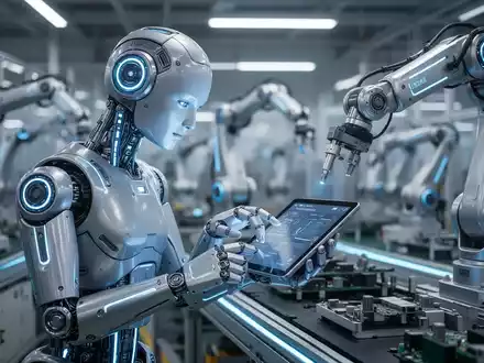 A humanoid robot with glowing blue accents inspects a tablet on a modern, high-tech factory assembly line in China. - Foto: über boerse-global.de