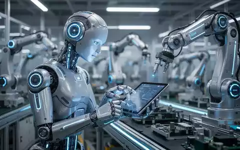 A humanoid robot with glowing blue accents inspects a tablet on a modern, high-tech factory assembly line in China. - Foto: über boerse-global.de