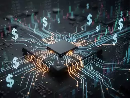 Nahaufnahme eines Mikrochips mit leuchtenden Schaltkreisen, umgeben von abstrakten Finanzdaten und Dollarzeichen. - Foto: über boerse-global.de
