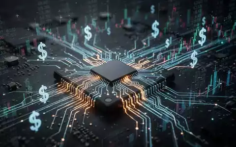 Nahaufnahme eines Mikrochips mit leuchtenden Schaltkreisen, umgeben von abstrakten Finanzdaten und Dollarzeichen. - Foto: über boerse-global.de