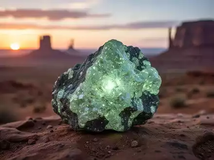 Nahaufnahme eines Uranerzbrockens mit einer verschwommenen Wüstenlandschaft im Hintergrund bei Sonnenaufgang. - Foto: über boerse-global.de