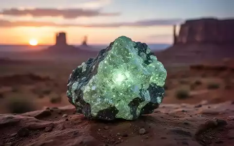 Nahaufnahme eines Uranerzbrockens mit einer verschwommenen Wüstenlandschaft im Hintergrund bei Sonnenaufgang. - Foto: über boerse-global.de