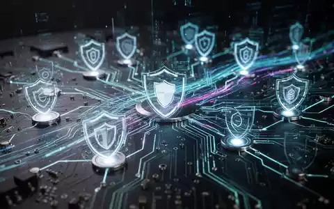 Ein futuristisches, leuchtendes Schaltbrett mit verbundenen Knoten und digitalen Datenströmen, die KI und Cybersicherheit darstellen. - Foto: über boerse-global.de