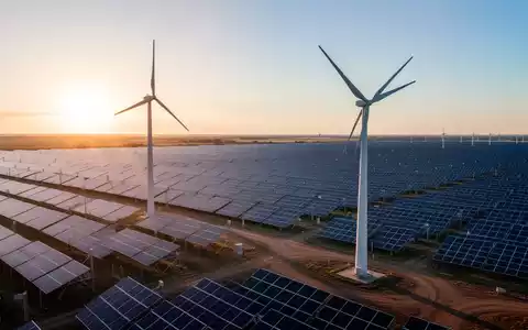 Eine riesige Solaranlage mit einer Windkraftanlage im Vordergrund bei Sonnenuntergang, symbolisiert erneuerbare Energien und Investitionen. - Foto: über boerse-global.de
