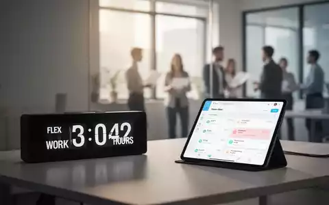 Ein modernes Büro mit einer digitalen Uhr, die flexible Arbeitszeiten anzeigt, und einem Tablet mit einer Zeiterfassungs-App. - Foto: über boerse-global.de