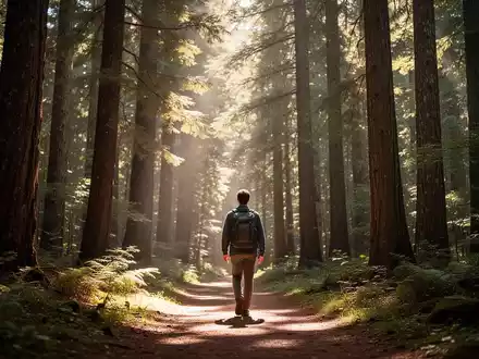 Eine friedliche Waldszene mit Sonnenlicht, das durch hohe Bäume fällt, und einer Person, die ruhig auf einem Pfad geht. - Foto: über boerse-global.de