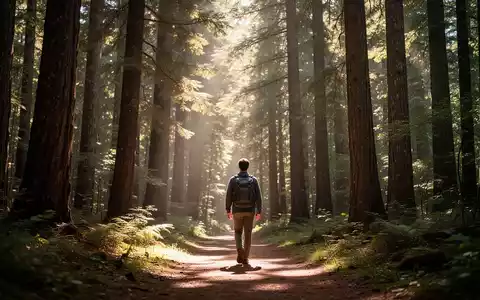 Eine friedliche Waldszene mit Sonnenlicht, das durch hohe Bäume fällt, und einer Person, die ruhig auf einem Pfad geht. - Foto: über boerse-global.de