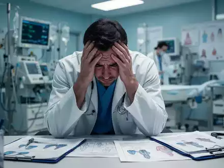 Ein erschöpfter Arzt in einem Krebszentrum, der seinen Kopf in den Händen hält, umgeben von medizinischen Geräten und Patientendaten. - Foto: über boerse-global.de