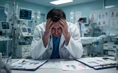 Ein erschöpfter Arzt in einem Krebszentrum, der seinen Kopf in den Händen hält, umgeben von medizinischen Geräten und Patientendaten. - Foto: über boerse-global.de