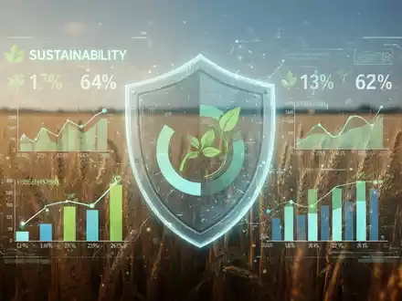 Eine digitale Infografik mit Nachhaltigkeitskennzahlen, überlagert von einem Weizenfeld und einem stilisierten Schutzschild. - Foto: über boerse-global.de