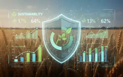 Eine digitale Infografik mit Nachhaltigkeitskennzahlen, überlagert von einem Weizenfeld und einem stilisierten Schutzschild. - Foto: über boerse-global.de