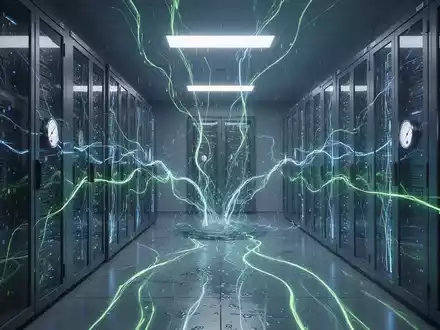 Ein futuristisches Rechenzentrum mit leuchtenden Linien, die Datenfluss und Energieverbrauch symbolisieren, vor dem Hintergrund einer Stadt. - Foto: über boerse-global.de